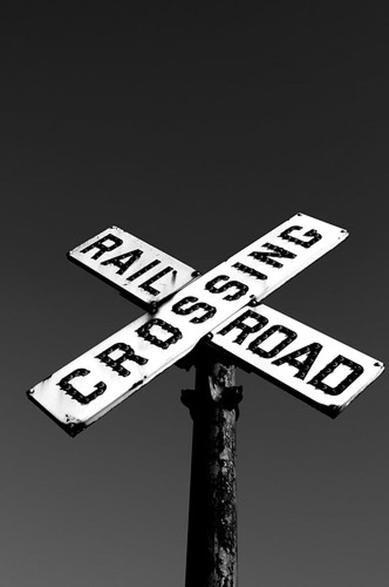 <p>A railroad crossing sign; it's circular and yellow with a black X and two Rs. Railroads also have railroad cross bucks posted by the crossing, with a gate and flashing lights.</p>