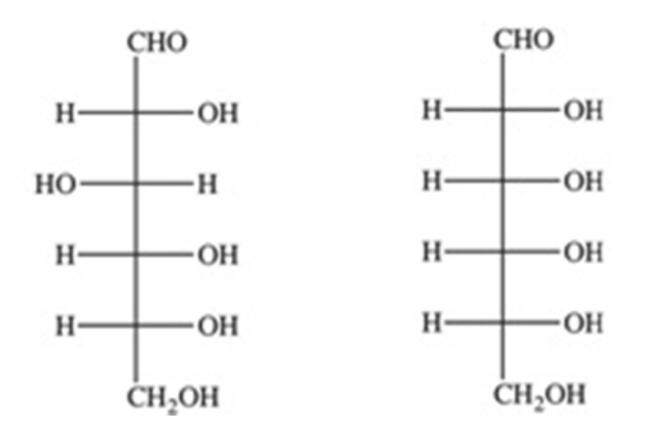<p>The Fischer projections of two monosaccharides are shown below. What is the relationship between the two monosaccharides?</p><ul><li><p>enantiomers</p></li><li><p><em>cis-trans</em> isomers</p></li><li><p>meso isomers</p></li><li><p>structural isomers</p></li><li><p>diastereomers</p></li></ul><p></p>