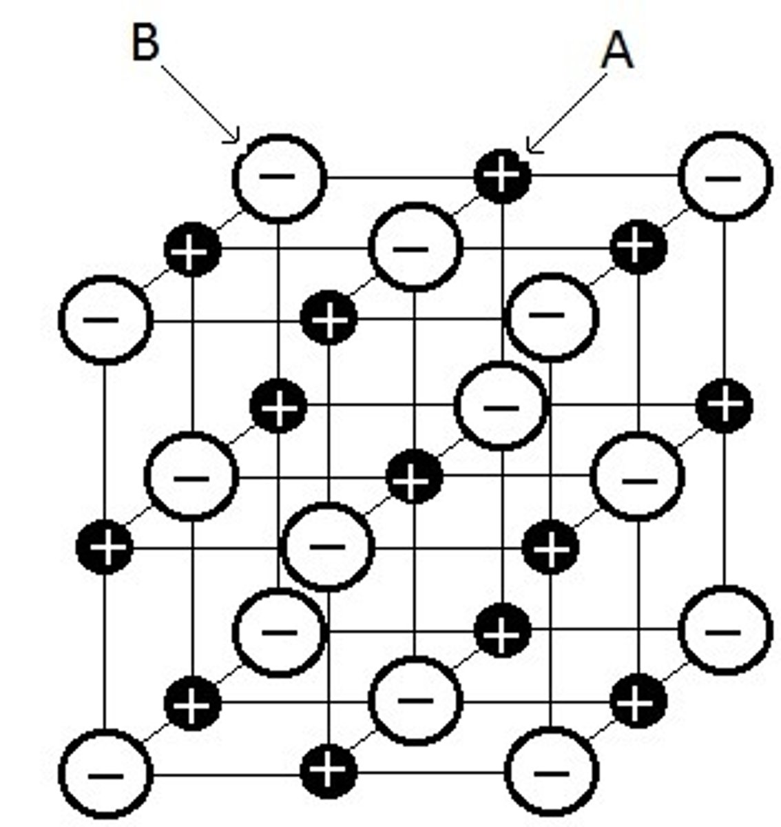 <p>A - sodium ions. B - Chloride ions</p>