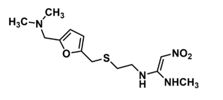 <ul><li><p>stable in the acidic pH of the stomach </p></li><li><p><u>pharmacophore:</u> </p><ul><li><p><strong>guanidino</strong> - does not have the side effects of decreasing WBC, contains an EWG that enhances binding affinity </p></li><li><p><strong>furan</strong>- weaker interactions with CYP450 so fewer drug-drug interactions</p></li></ul></li><li><p>contains double bonds - sensitive to light </p></li><li><p>5x more potent and selective vs cimetidine </p></li><li><p>tertiary amine off of furan ring will carry a positive charge and allow for H-bonding with Asp </p></li></ul>