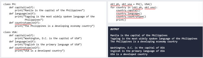 <ul><li><p>Python can use <strong>two different classes in the same way.</strong></p><p></p></li><li><p>We create a for loop that iterates through a tuple of objects then call the methods without being concerned about which class type each object is.</p><p></p></li><li><p>We assume that <strong>these methods actually exist in each class. </strong></p></li></ul><p></p>