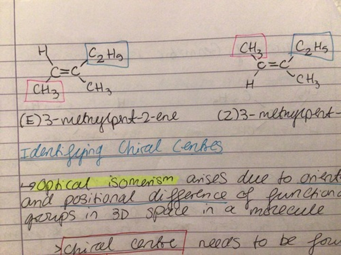 <p>- groups around C=C bond are prioritised by their atomic numbers</p><p>- E( entgegen): higher priority group on opposite sides of C=C bond</p><p>- Z( zusammen): higher priority group on same side of C=C bond</p>