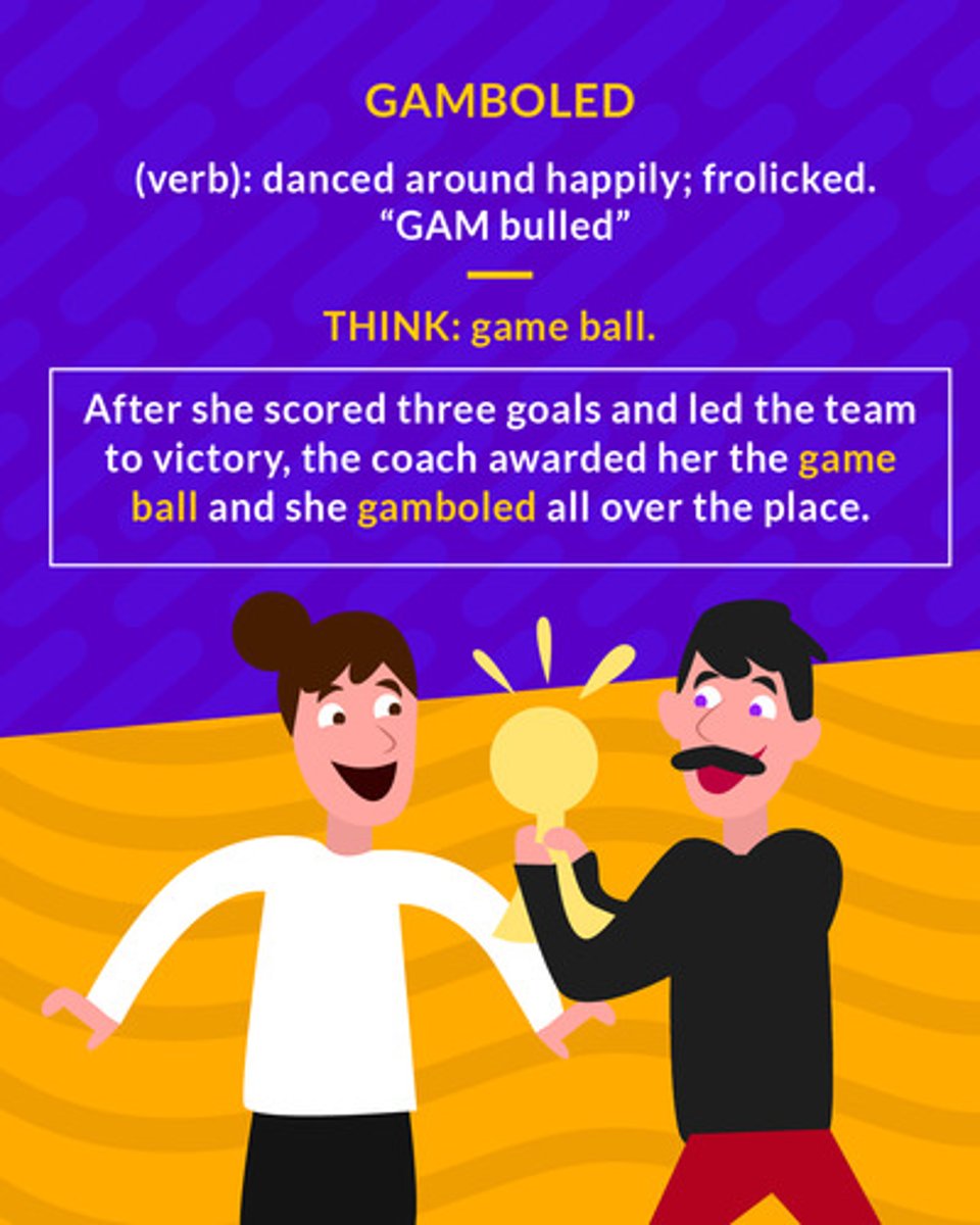 <p>to skip about, as in dancing or playing; frolic</p><p>(verb) dance around happily</p>