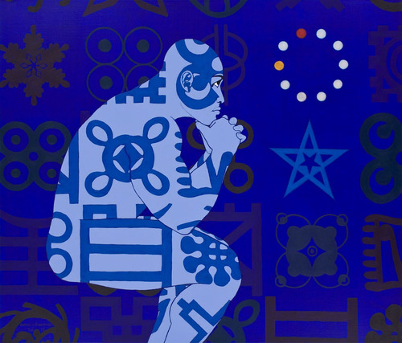 <p>A contemporary Ghanaian artist known for using Adinkra symbols, also used wrestlers to represent masculine identity.</p>