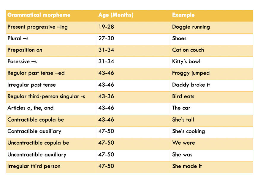 <p>__________ documented the order and ages at which children master ______ common grammatical morphemes</p>