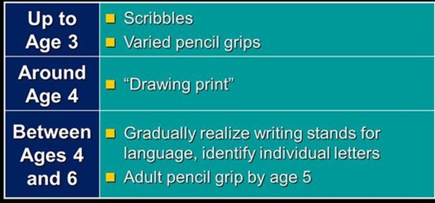 <p>Children move from labeling drawings to drawing boundaries and people, and eventually to more realistic drawings.</p>
