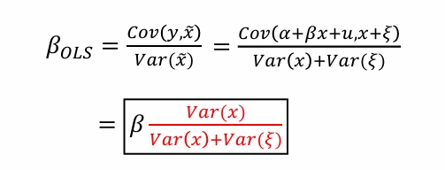 <ul><li><p>don’t observe x but observe a noisy version of it </p><ul><li><p>noise is uncorrelated with any variable </p></li></ul></li><li><p>the higher the noise (ie the higher variance of the noise), beta is biased towards to zero </p><ul><li><p>ie it observes attenuation bias </p></li><li><p>can’t fix it but if it is very small, we can ‘ignore’ it </p></li></ul></li><li><p>if the attenuation bias is high, then the regression line is flatter </p></li></ul><p></p>