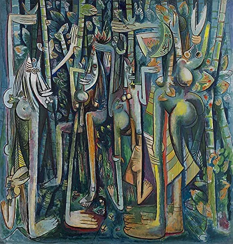 <ul><li><p><strong>ID:</strong> Wifredo Lam, 1943 CE, Gouache on paper mounted on canvas, Cuba</p></li><li><p><strong>Content:</strong> A dense, dreamlike scene of human-animal hybrids and sugarcane.</p></li><li><p><strong>Function:</strong> Critiques colonial exploitation and Afro-Cuban identity.</p></li><li><p><strong>Context:</strong> Influenced by Surrealism and African/Cuban spiritual traditions.</p></li><li><p><strong>Form:</strong> Flattened, elongated figures, fragmented space, earthy tones.</p></li></ul><p></p>