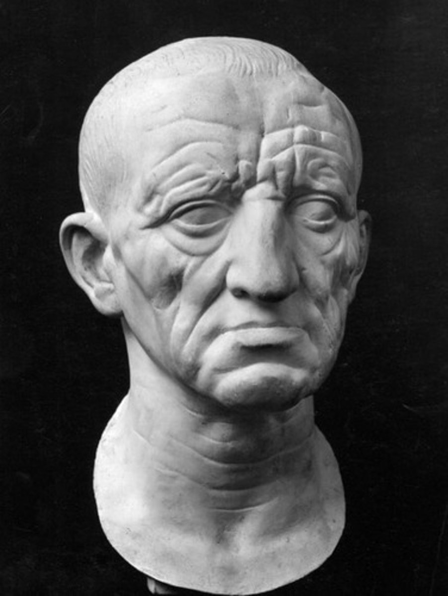 <p>Date: 75-50 BCE</p><p>Period/Style: Republican Roman (Verism)</p><p>Original Location: Italy</p><p>Material/Technique: Marble</p><p>Function: Honors an elder Roman senator; displayed in elite homes.</p><p>Context: Uses verist (very realistic) portrayal borrowed from Hellenistic Greek style. Head busts were an Etruscan tradition.</p><p>Dterm-8escriptive terms: Verism, Republican Roman, portrait, sculpture in the round, bust</p>