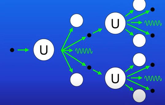 the nucleus has to absorb a neutron

this triggers the nucleus to undergo fission

when the nucleus splits, it forms two smaller nuclei roughly equal in size (daughter nuclei)

it also emits two or three neutrons plus gamma radiation

energy is also released- all of the fission products have kinetic energy

\
Spontaneous fission is rare. Usually, for fission to occur the unstable nucleus must first absorb a neutron.

* When the unstable nuclei absorbs a neutron it splits into two smaller nuclei, roughly equal in size and it then emits two or three neutrons and gamma rays.
* Energy is released by the fission reaction.
* This neutron may collide with another radioactive nucleus.
* This nucleus absorbs the neutron and becomes unstable
* This nucleus splits, releasing another neutron and produces more energy