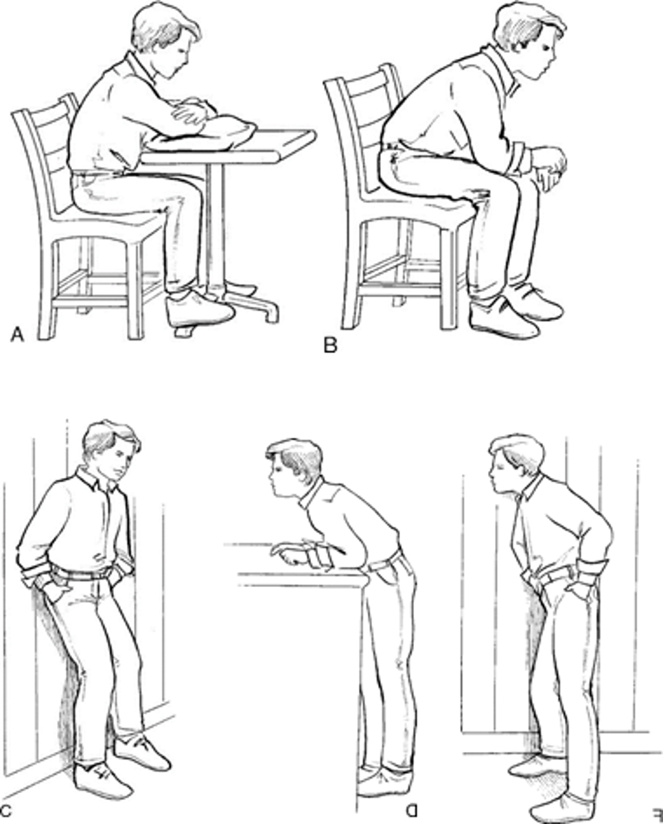 <p>When sitting – the patient bends forward slightly at the waist while supporting the upper body by leaning the forearms on the table or thighs</p><p>When standing – leaning forward and propping the body on a counter or shopping cart may relieve the problem</p>