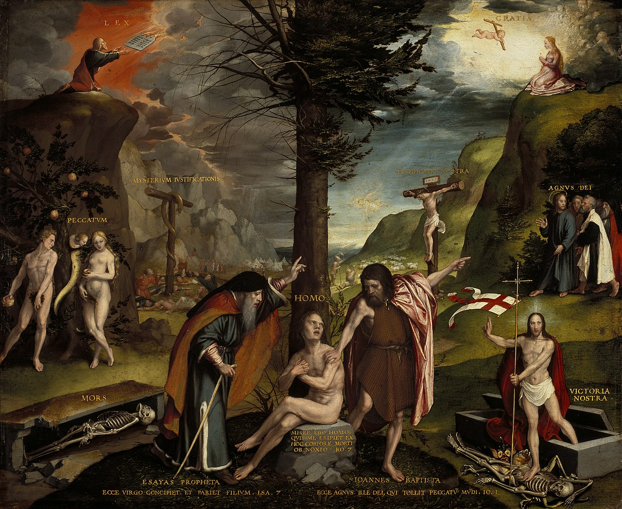 <p><span>contrast between the unforgiving Old Testament Law on the left, and the forgiving Grace of the New Testament at the right. </span></p><p>left: fall of man, commandments given to Moses, death</p><p>right: salvation through Christ’s crucifixion and resurrection</p><p>OT Prophet Isaiah and NT Prophet John the Baptist</p>