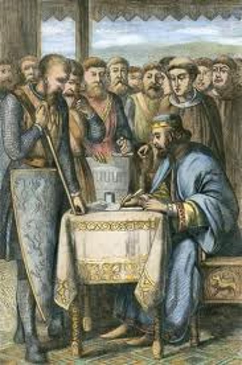<p>(1215) a charter of liberties (freedoms) made the king obey the same laws as the citizens of his kingdom and gave more rights to the nobles and middle class and laid the foundation for Parliament.</p>