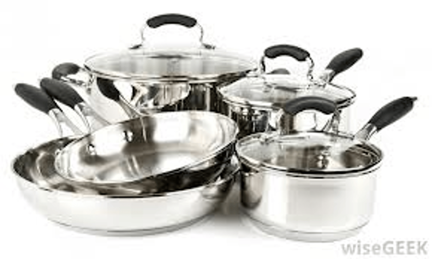 <p>Usually smaller and shallower than pots. Pans are used for general stove top cooking, especially sautéing, frying, or reducing liquids rapidly, baking, and for holding food.</p>