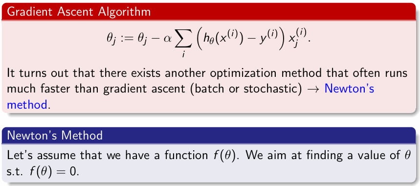 <p>By the definition of the gradients, f ′(θ) at a given iteration is equal to the vertical length f (θ) divided by the horizontal length ∆. Therefore, at iteration 1, we get: f ′(θ0) = f (θ0)/  ∆ and∆= f(θ0) /f ′(θ0)<br><br>More generally, one iteration of Newton’s method updates θt as follows: θt+1 = θt − f(θt) /f ′(θt)</p>