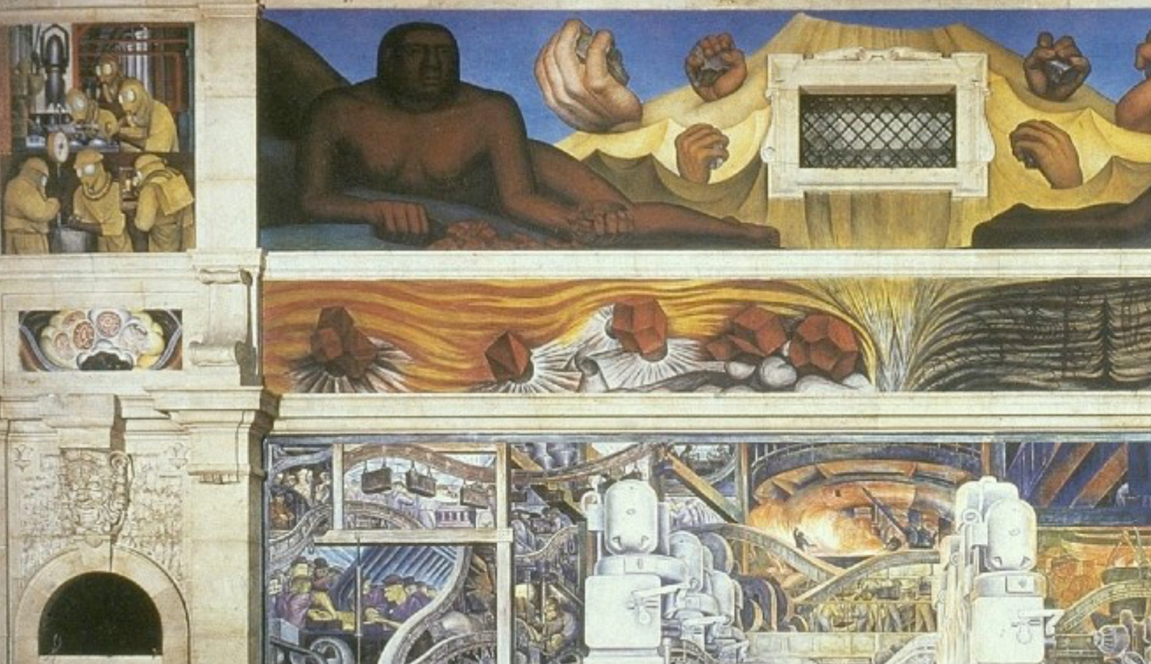 <p>artist: DIEGO RIVERA</p><p>movement: MEXICAN MURALISM</p><p>location:</p><p>fords factory: idealized workers because they were in line with commie values</p><p>workers: depicted them as strong</p>