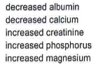 <p>289.) The following serum laboratory results were obtained. These results are most compatible with: </p><p>A. multiple myeloma </p><p>B. primary hyperparathyroidism </p><p>C. chronic renal failure </p><p>D. secondary hyperparathyroidism</p>