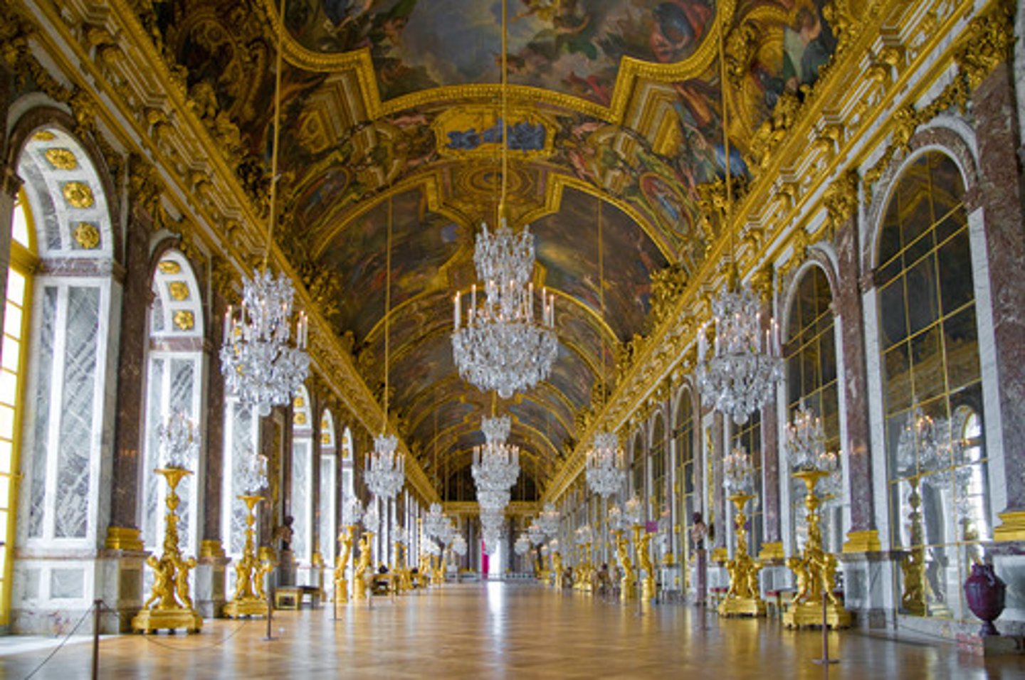<p>The Palace of Versailles, Versailles, Paris. A wall of mirrors diffuses the daylight, overlooking the gardens. The most famous room in the palace.</p>