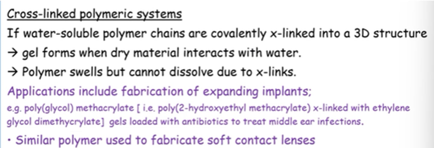 <p>- Gel forms when dry material interacts w/water.</p><p>- Polymer swells but can't dissolve due to cross-links.</p>