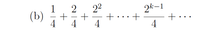 <p><em>In each part, find exact values for the first three partial sums, find a closed form for the nth</em></p><p class="p1"><em>partial sum, and determine whether the series converges by calculating the limit of the nth</em></p><p class="p1"><em>partial sum. If the series converges, then state its sum.</em></p>