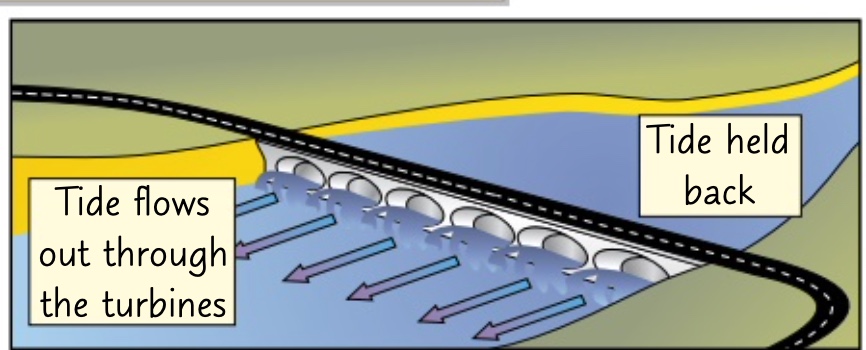 * generate energy when the tide goes in and out
* big dams built across rivers, with turbines inside. 
* as the tide comes in it fill us the estuary and then the water can be allowed out through turbines at a controlled speed
