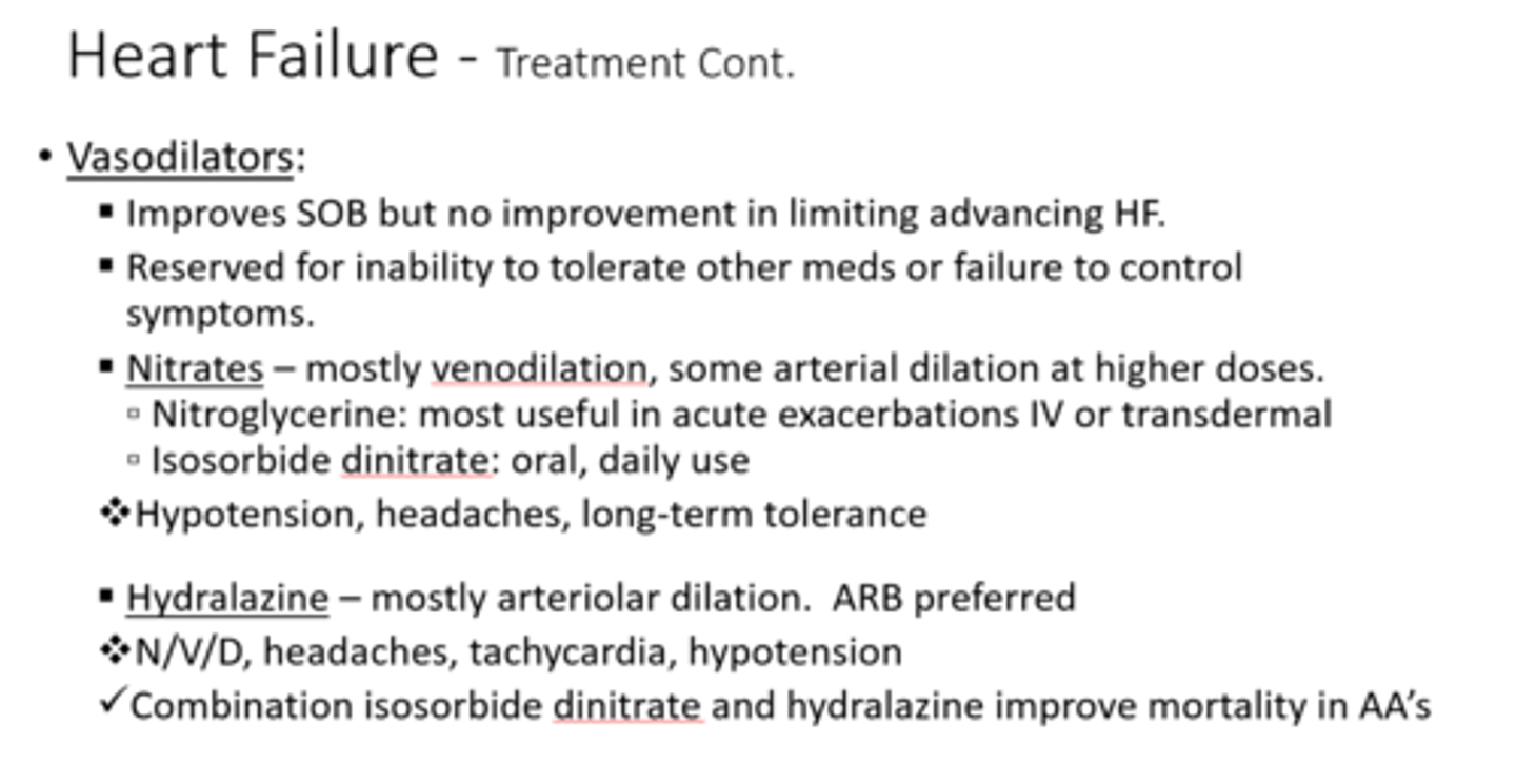 <p>- vasoconstriction is important at first in HF as it redistributes blood flow to important tissues (brain and heart)</p><p>- eventually, the constriction increases afterload and places excessive work on the heart + compromises other tissues that are receiving less blood flow</p><p>main classes of vasodilators in HF:</p><p>1. nitrovasodilators</p><p>2. hydralazine</p><p>3. ACE inhibitors</p>