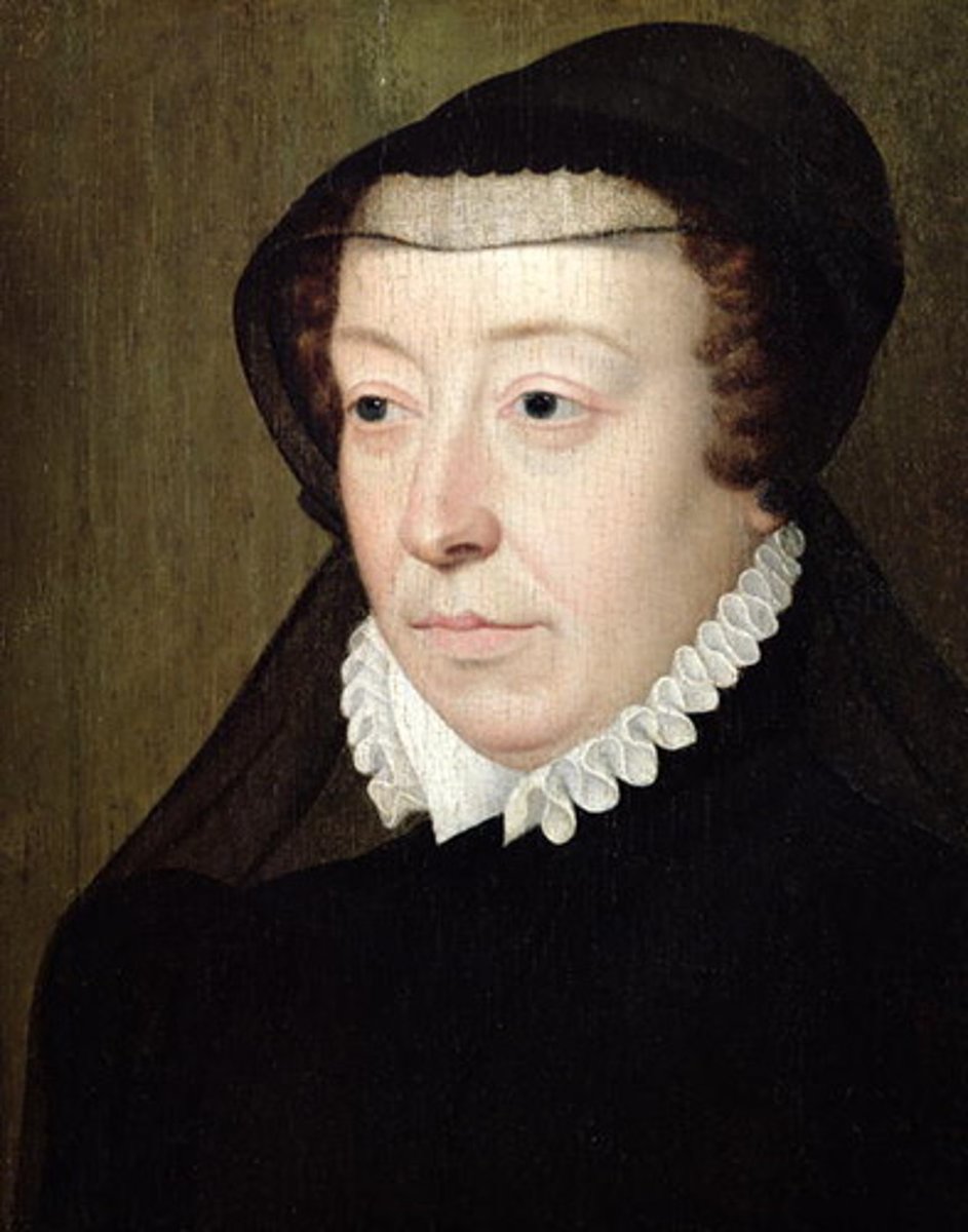 <p>wife of Henry II, influenced her sons after the end of there father's rein. She placed an alliance with the ultra-Catholics (the militant Catholics), which was led by the second most powerful family in France, The Guise Family. She permitted the Guise Family their own independent army,which they would use to take out the other religions residing within the French Borders. This led to the civil wars in France and also the St. Bartholome's Day Massacre.</p>