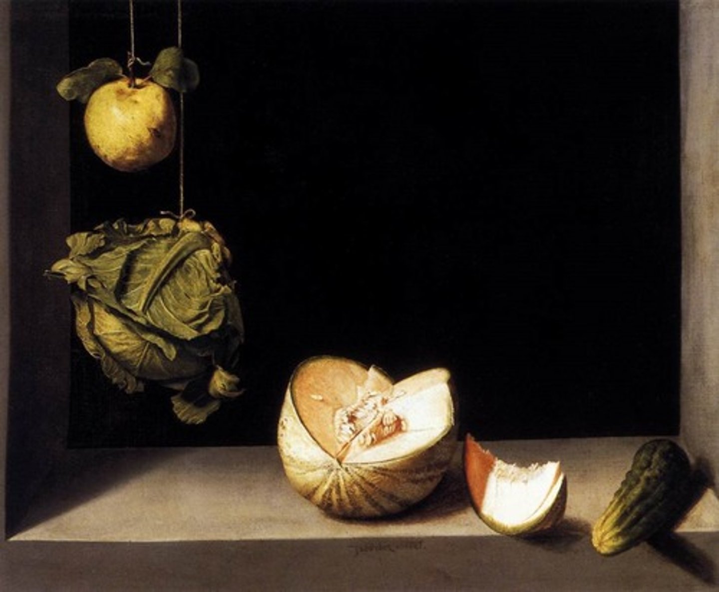<p>Juan Sánchez Cotán, Still Life with Quince, Cabbage, Melon, and Cucumber (1602)</p>