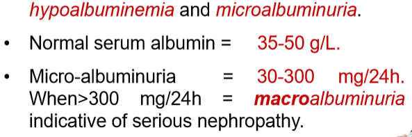 <p><strong>low albumin blood levels </strong>because it is excreted in urine cause hypoalbuminemia </p>