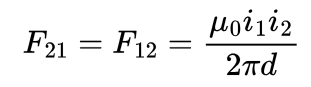 <p>where d is the perpendicular distance between the two wires.</p><p>when the currents flow in the same direction, the force is attractive in nature.</p><p>when the currents flow in opposite directions, the force is repulsive in nature.</p>