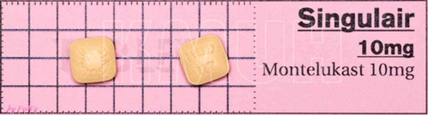 <p>Generic Name: Montelukast</p>
<p>Drug Class: Leukotriene Inhibitor</p>
<p>Indication: Prevents Asthma Attacks</p>