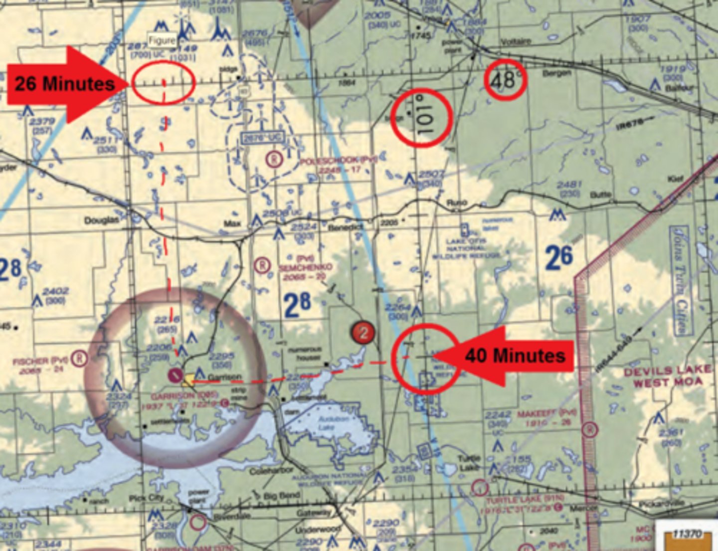 <p>C. Garrison Airport.</p><p>[Let's make this simple. Ladder sounds kind of like latitude. You climb the ladder going north. (Keep in mind it is north only if you are in the Northern Hemisphere) For minutes, just think of them as tick marks. There is a box with 30 tick marks in it, a line, and then another 30 tick marks. Total you get 60 minutes.]</p>