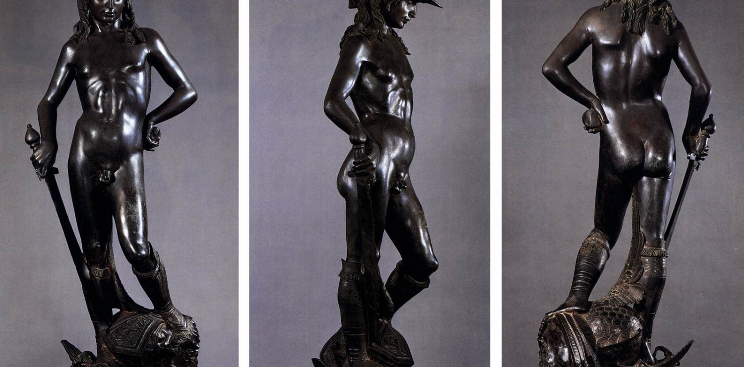 <p>David; 15th c. Florence </p><p>Donatello c. 1440-1460, Bronze</p><p>Earliest freestanding nude sculpture since antiquity — nudity shows he only needs the strength from God, typical of Greco-Roman — he is a hero</p><p>Medici commissioned — bronze is costly</p><p>Holds a stone in his left hand, a sword in his right</p><p>David is young compared to Goliath </p><p>androgynous features to show biblical beauty, Donatello’s sexuality plays a part </p><p>Attempted to show Medici Family as non-tyrannical (not true, they killed lots of people)  </p>