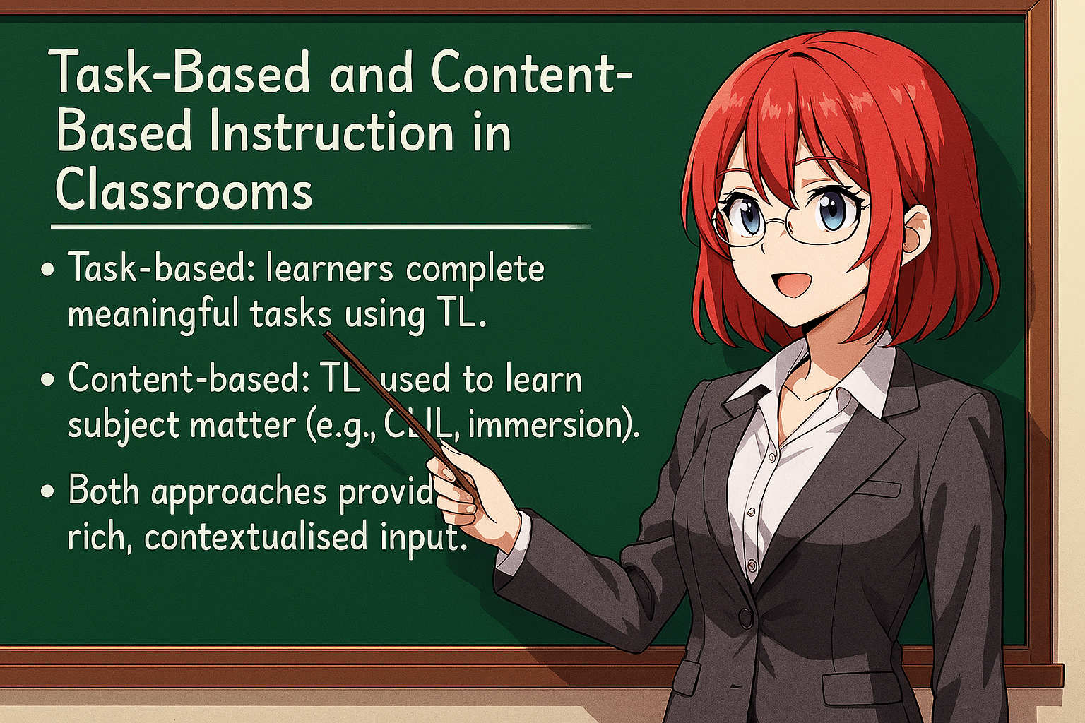 <ul><li><p>Task‑based: learners complete meaningful tasks using TL.</p></li><li><p>Content‑based: TL used to learn subject matter (e.g., CLIL, immersion).</p></li><li><p>Both approaches provide rich, contextualised input.</p></li></ul><p></p>