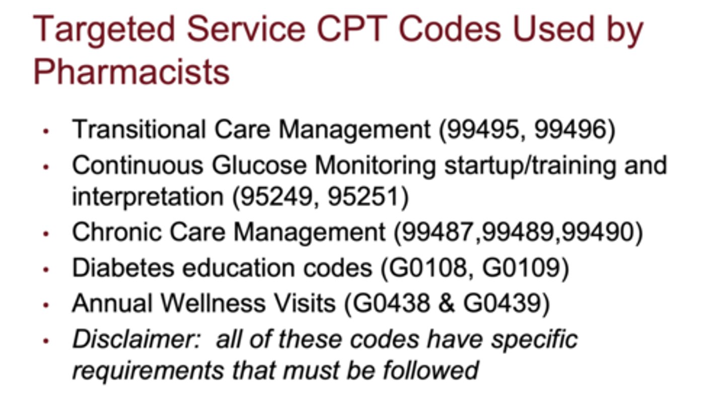 <p>transitional care, CGM start/interpretation, chronic care management, diabetes education, annual wellness visits</p>