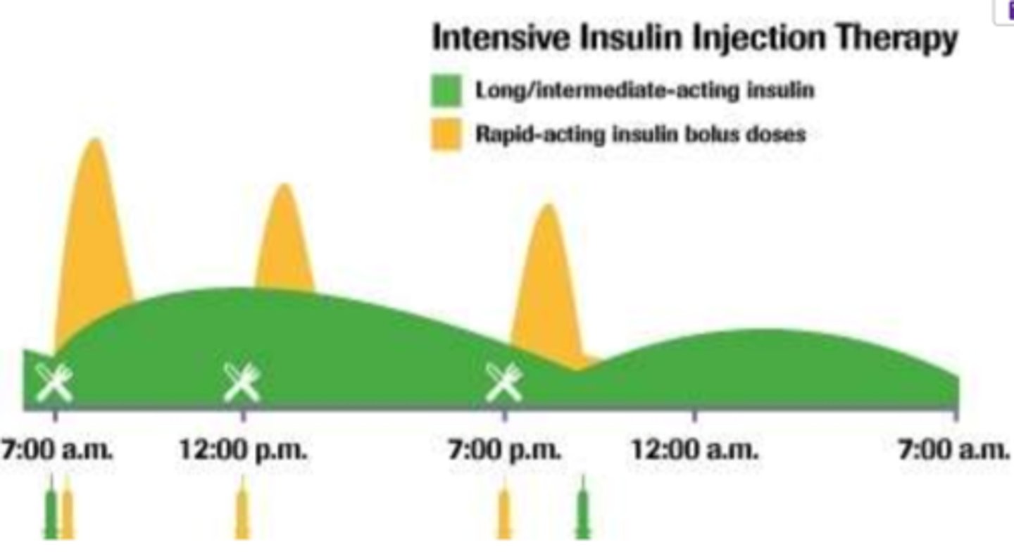 <p>- for DM I patients</p><p>- estimated daily insulin requirement (U) = 0.55 (U) x Pt. wt (kg)</p><p>*note: estimate does not factor in BMR, activity/stress, food => it is a starting point</p><p>- approx. 40% of above = background requirement (basal)</p><p>- other 60% = meal-time (boluses)</p>