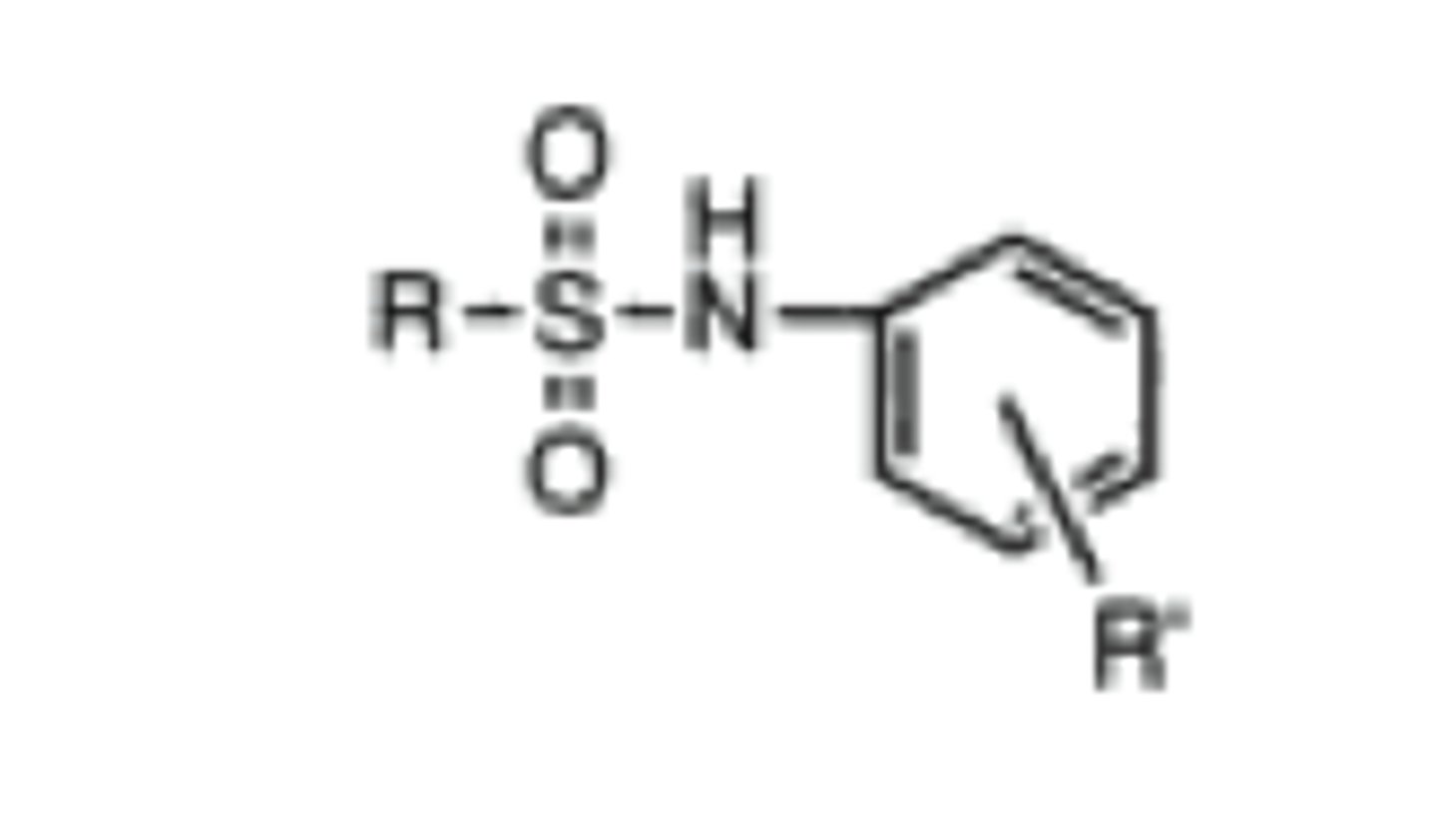 <p>sulfonamide attached to aromatic ring</p><p>stronger acid with pKa= 5-6</p>