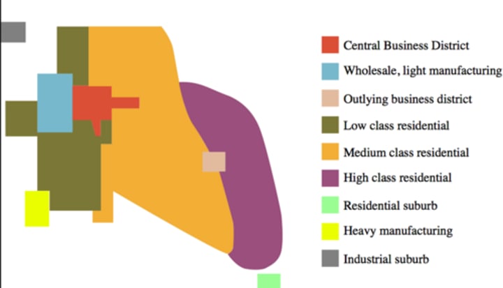 <p>A model of the internal structure of cities in which social groups are arranged around a collection of nodes of activities.</p>