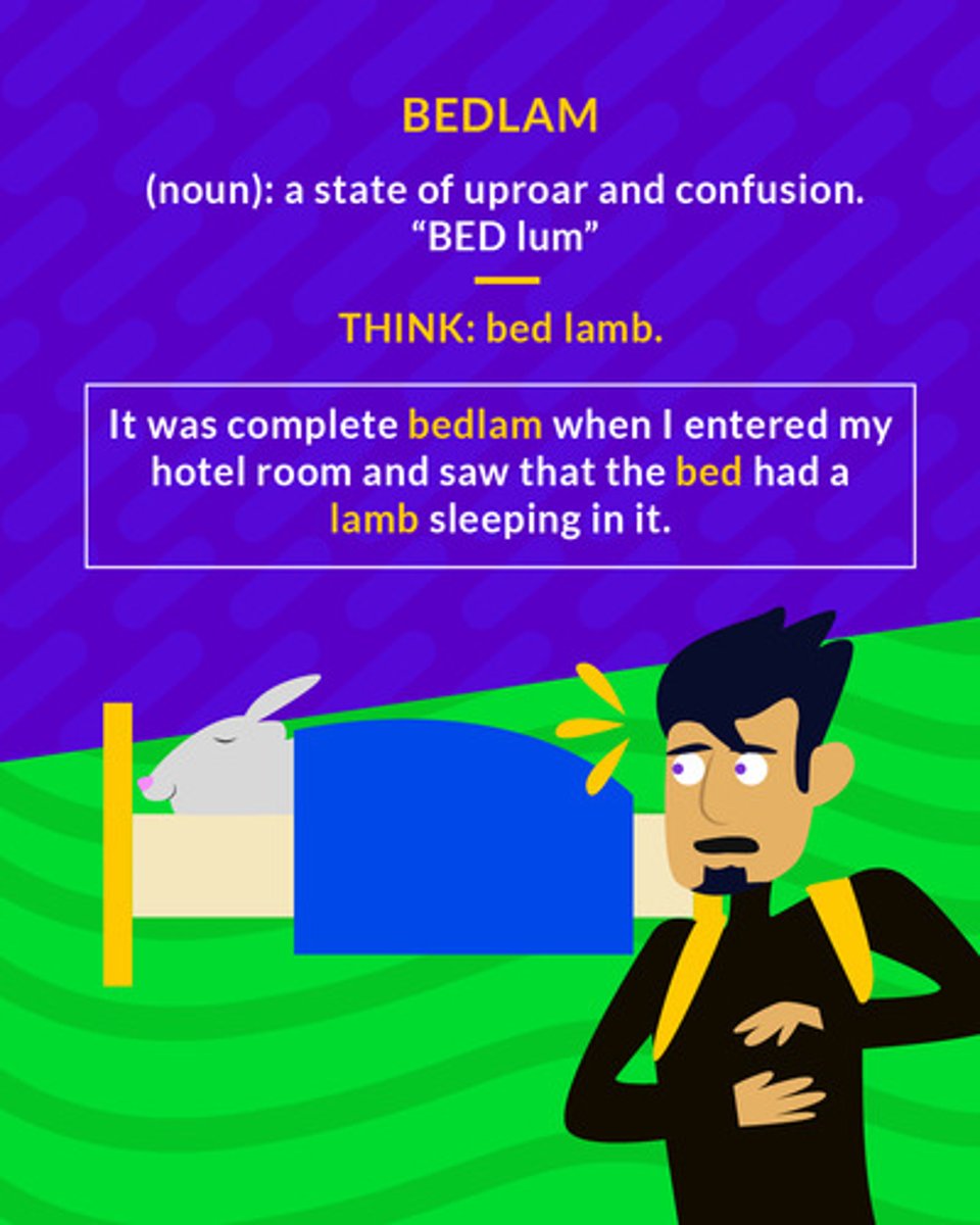 <p>(noun) a state of uproar and confusion</p>